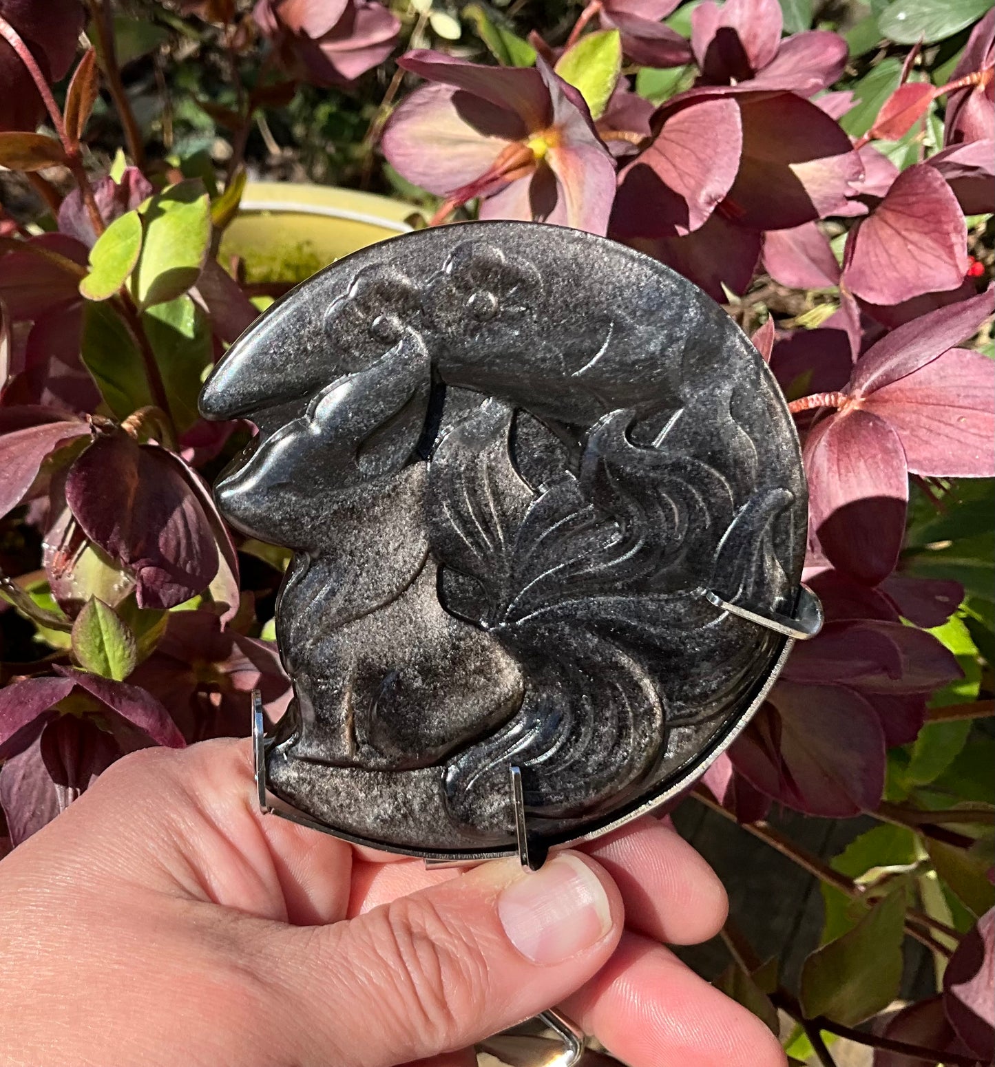 Silver Sheen Obsidian 5 Tailed Fox with stand