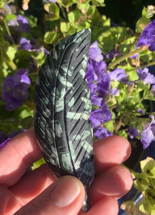 Chinese Writing Stone (Porphyritic Basalt) Feather Carving