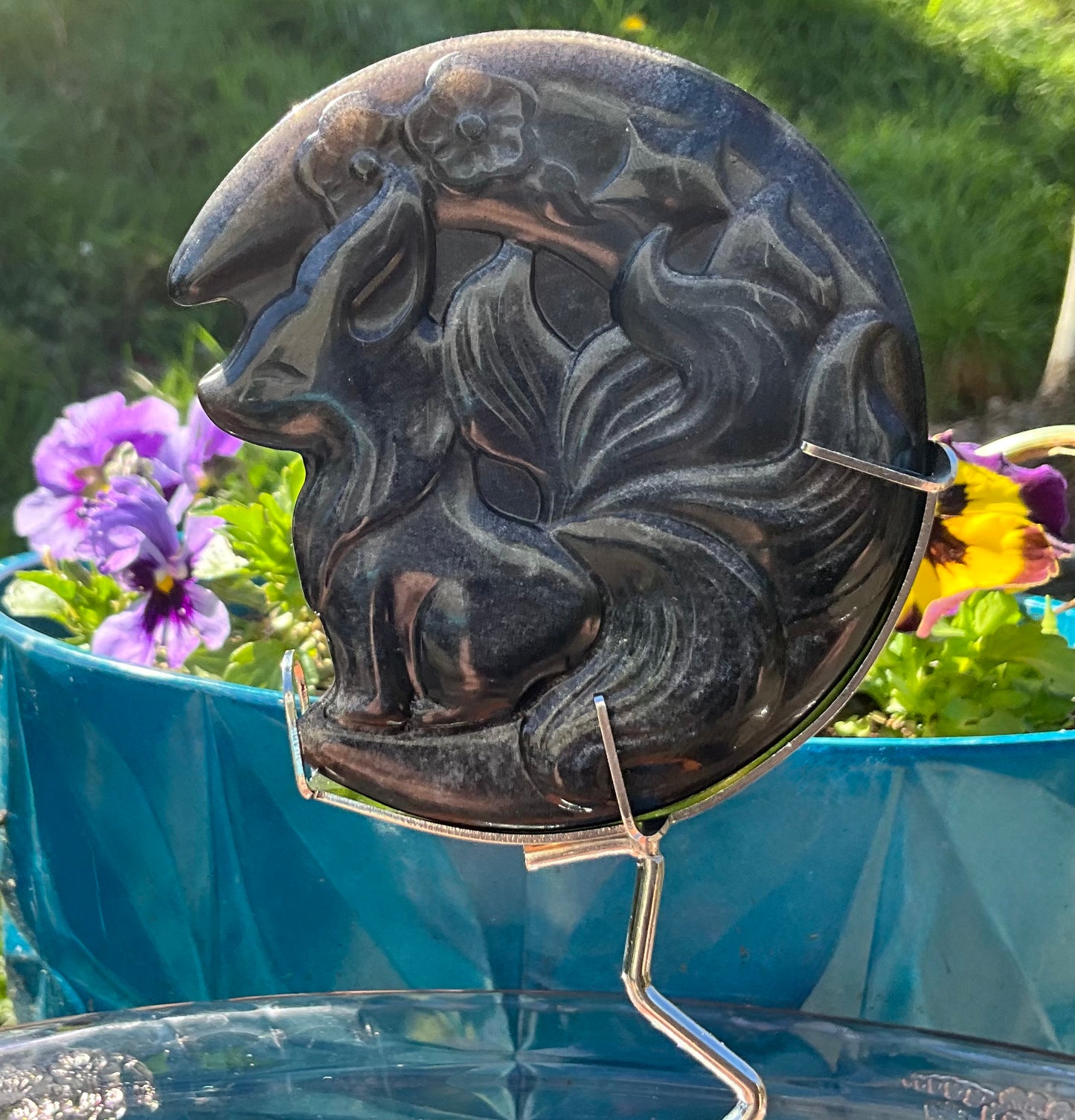 Silver Sheen Obsidian 5 Tailed Fox with stand
