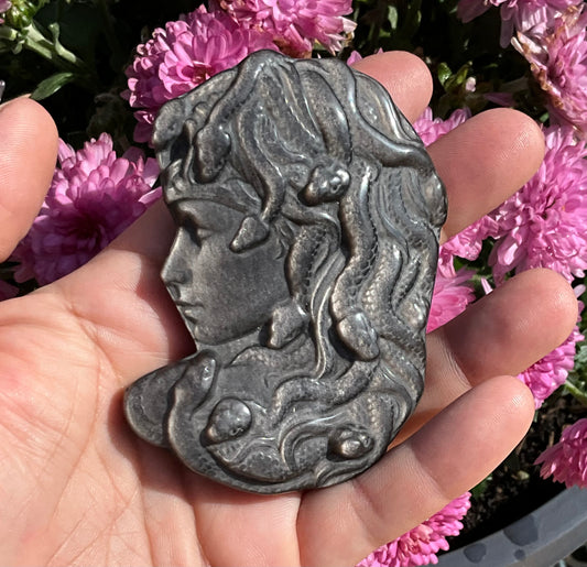 Siver Sheen Obsidian Medusa Carving
