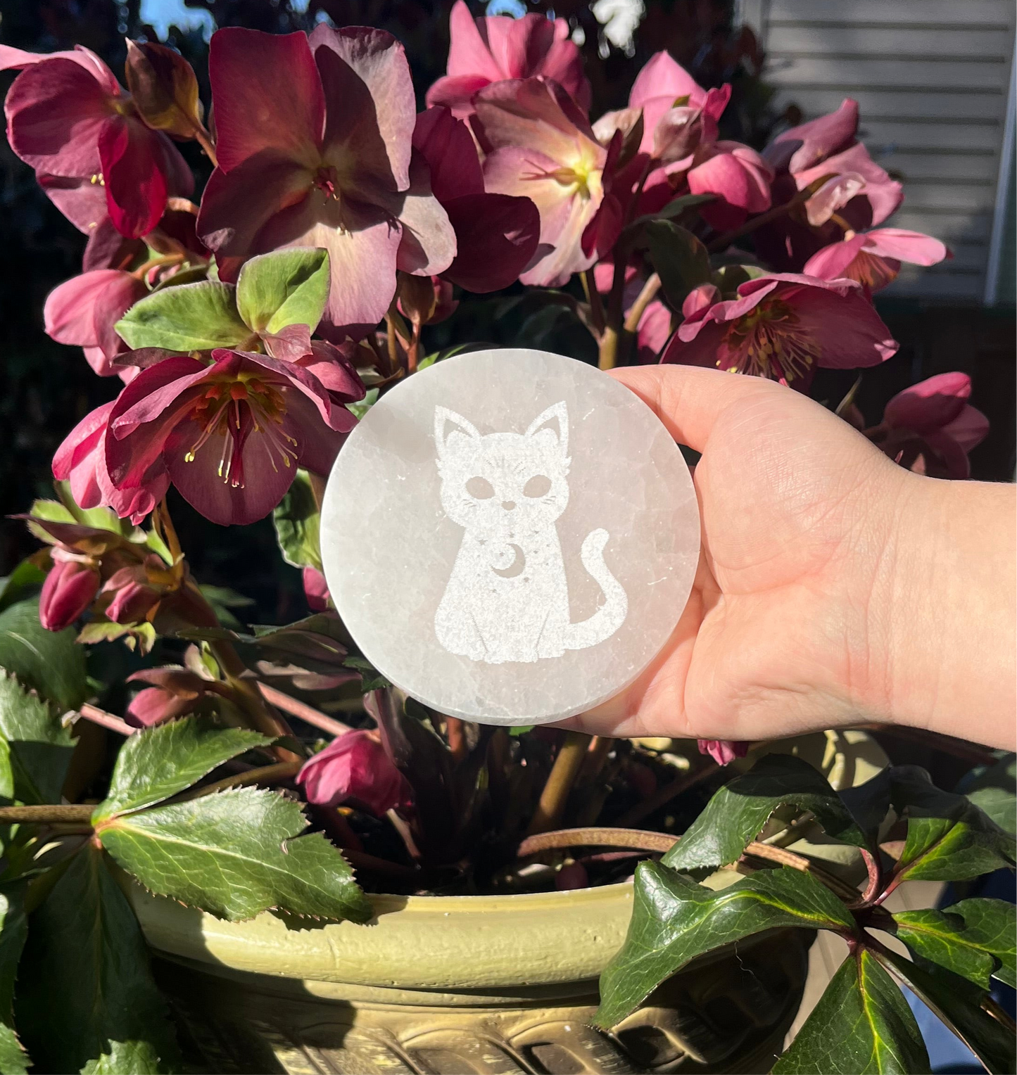 Selenite (Satin Spar) Cat and Moon Charging Plate