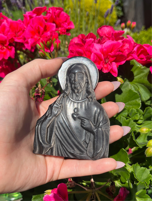 Silver Sheen Obsidian Jesus Carving