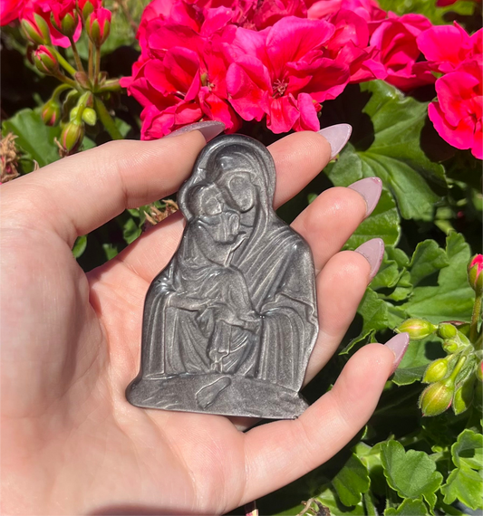 Silver Sheen Obsidian Virgin Mary and Child Carving