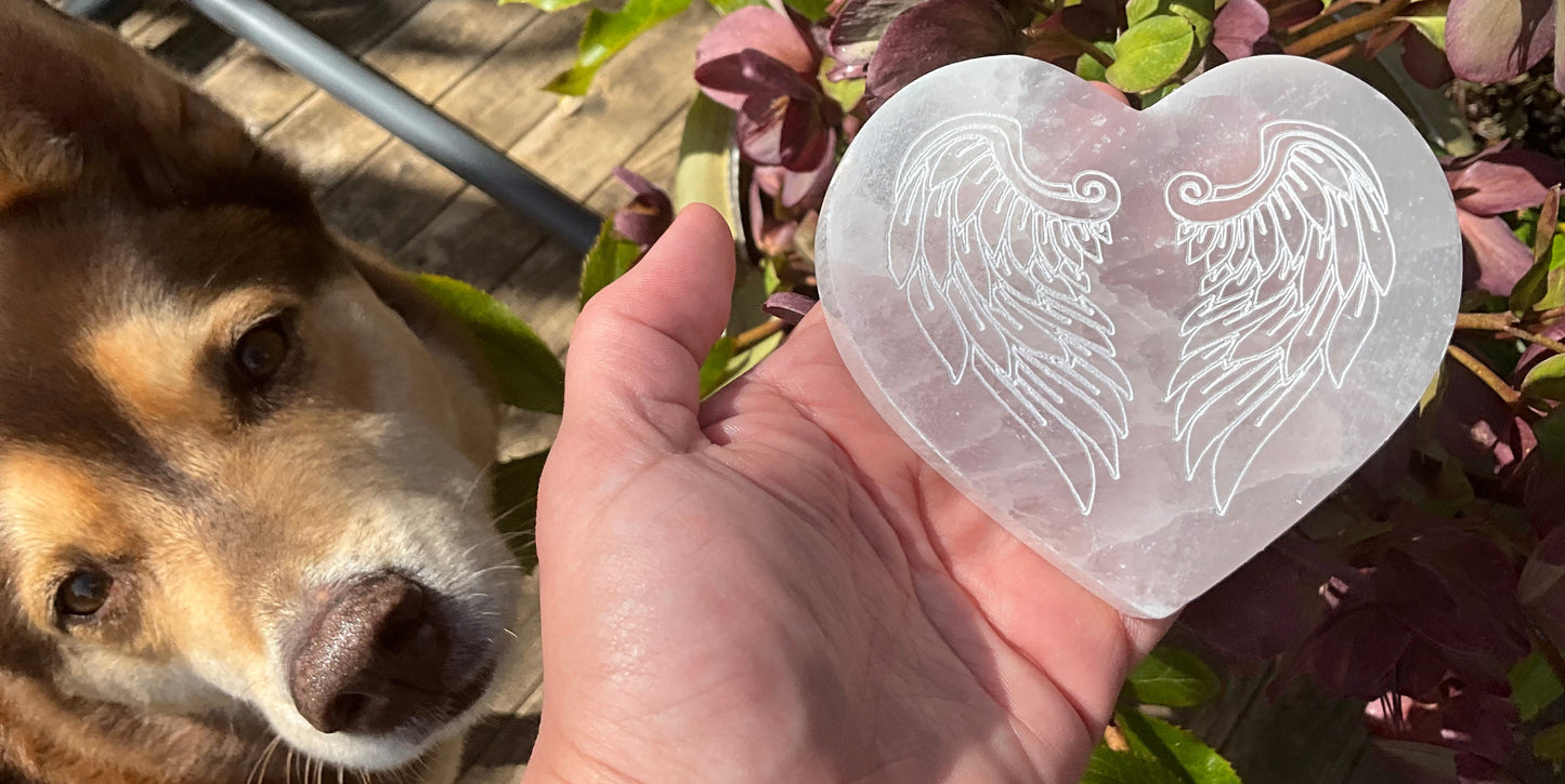 Selenite (Satin Spar) Heart with Angel Wings