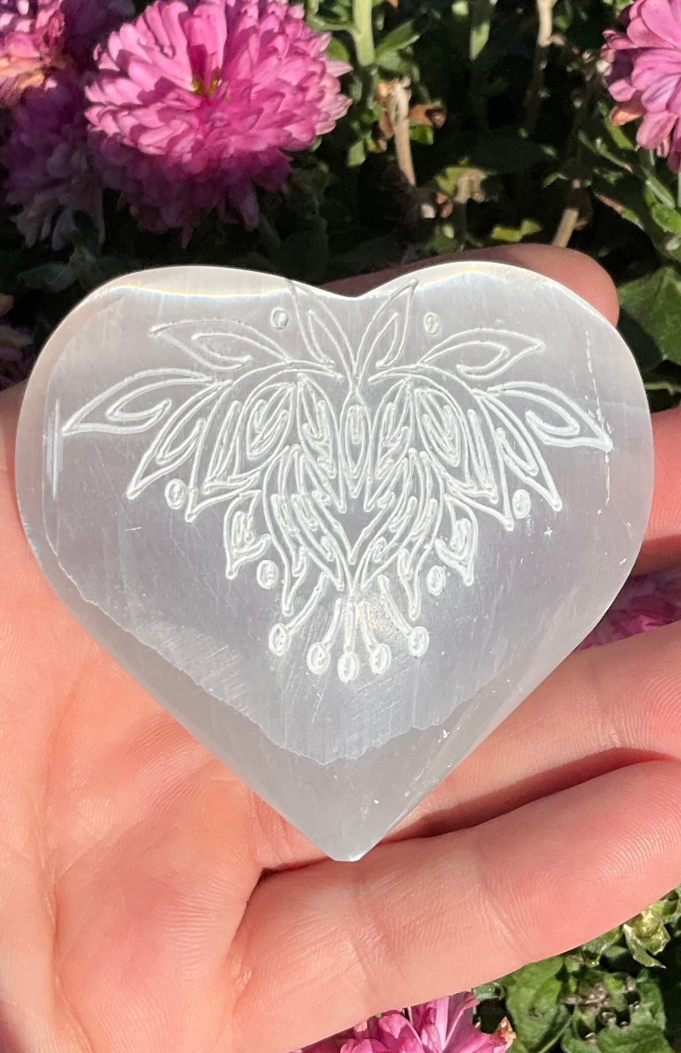 Selenite Heart with Lotus Flower Etching