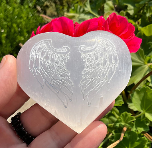 Selenite Heart with Etched Angel Wings