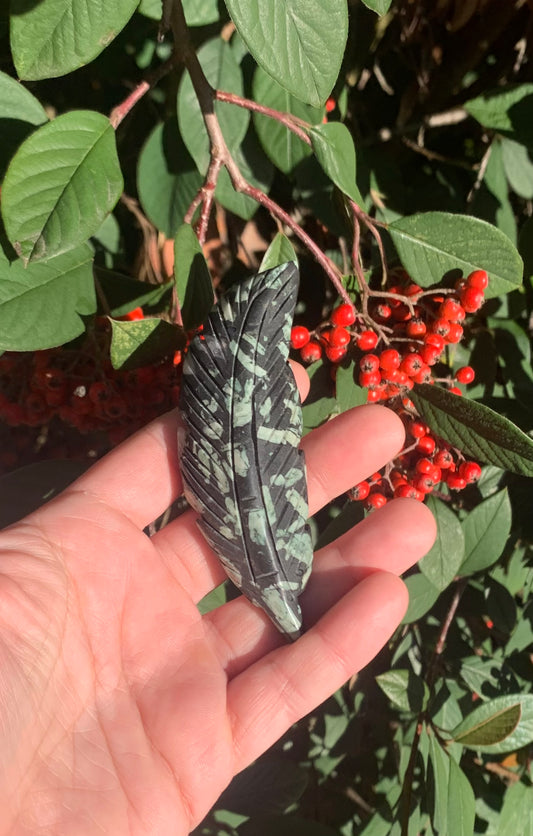 Chinese Writing Stone (Porphyritic Basalt) Feather Carving