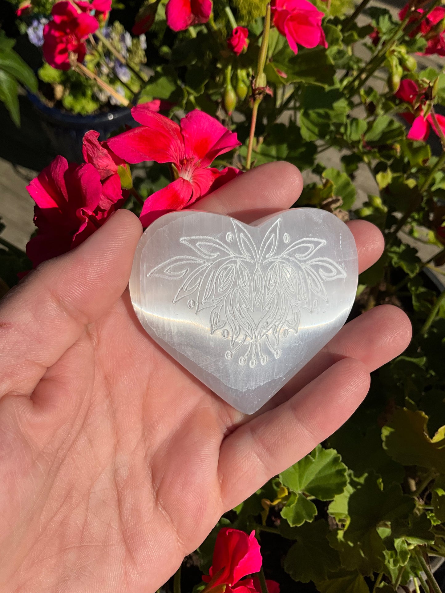 Selenite Heart with Lotus Flower Etching