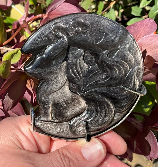 Silver Sheen Obsidian 5 Tailed Fox with stand