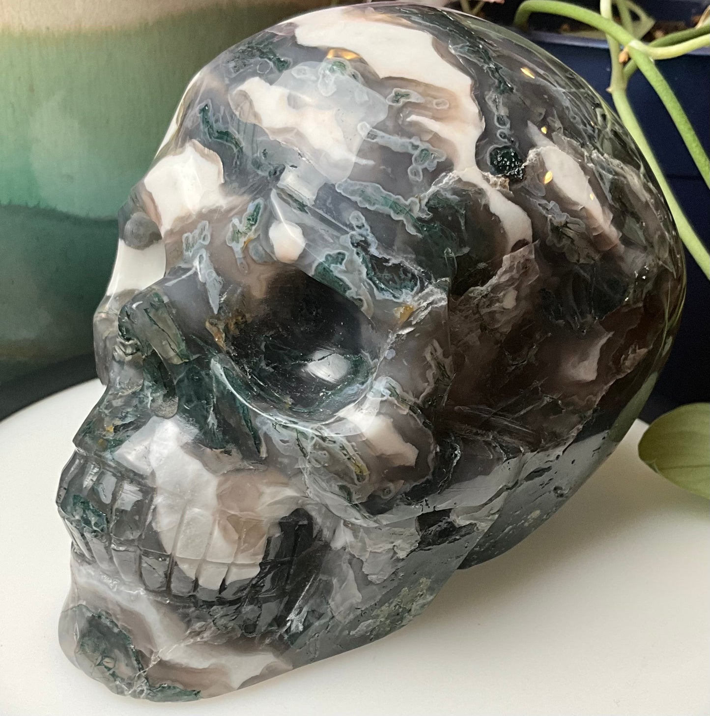 Large Moss Agate Skull