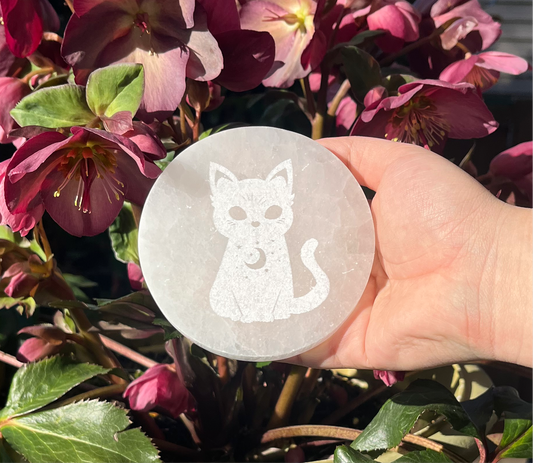 Selenite (Satin Spar) Cat and Moon Charging Plate