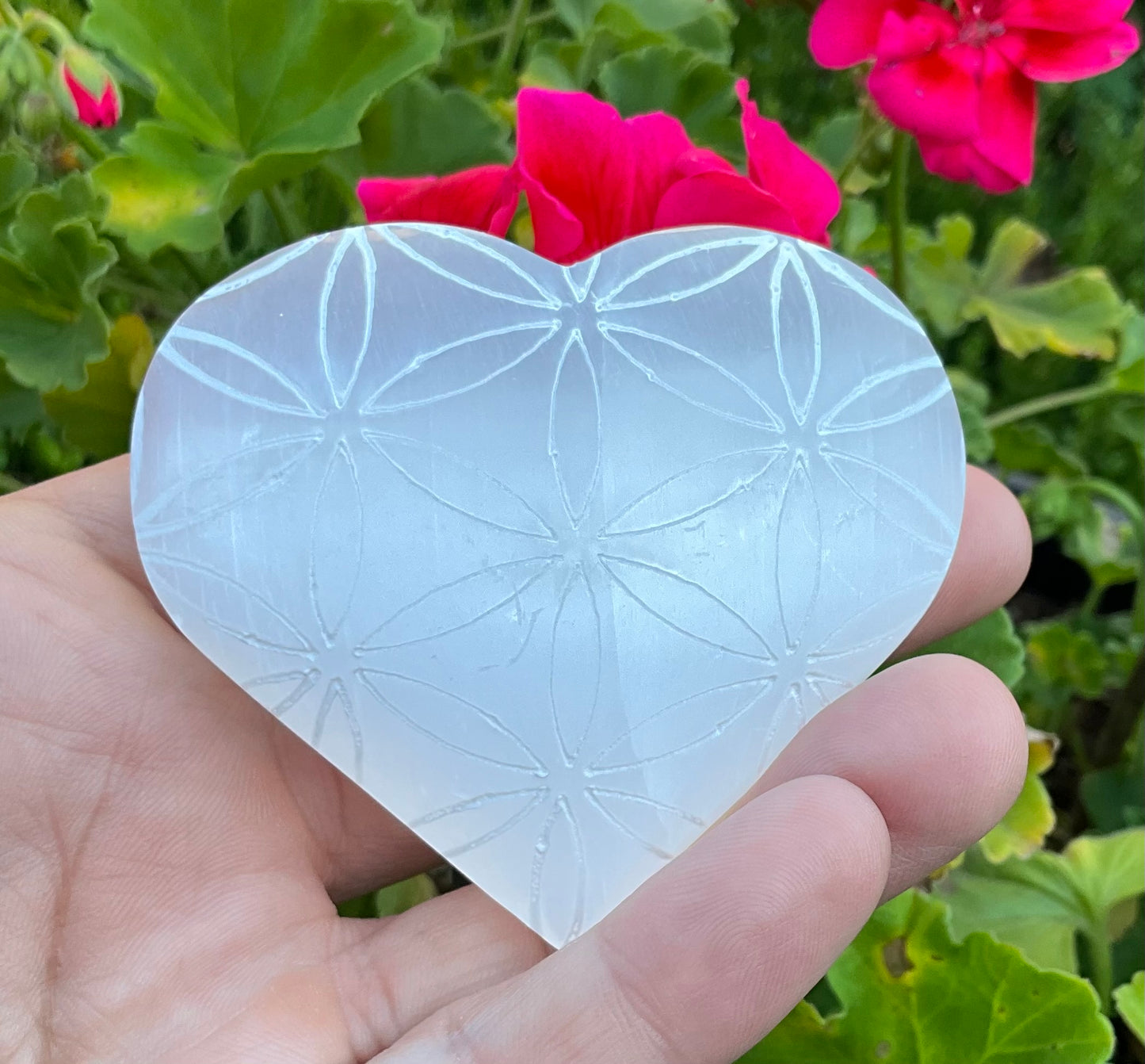 Selenite Heart with Etched Flower Of Life